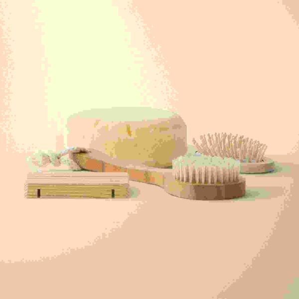 wood comb and yoga sponge